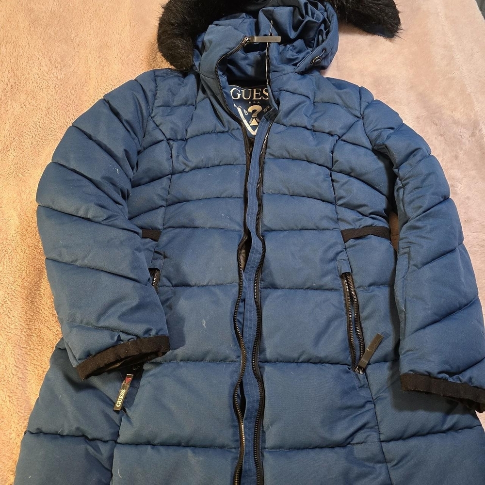 GUESS Women's Navy Puffer Jacket with Black Accents
